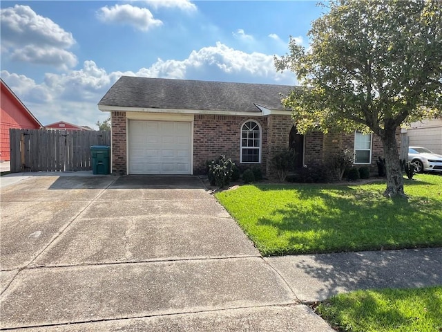 single story home featuring a garage and a front lawn