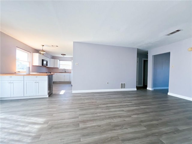 unfurnished living room with light hardwood / wood-style floors and sink