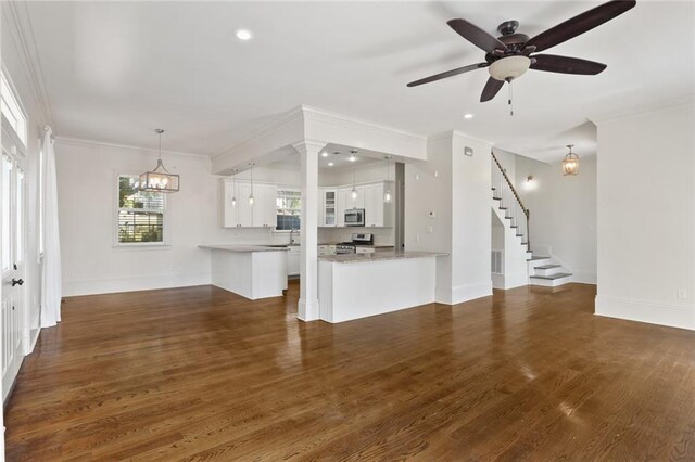 unfurnished living room featuring crown molding, dark hardwood / wood-style flooring, ceiling fan, and sink