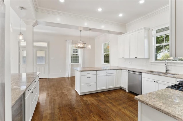 kitchen featuring white cabinets, hanging light fixtures, dark wood-type flooring, and stainless steel dishwasher