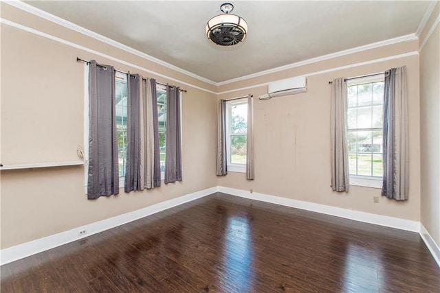 empty room featuring ornamental molding, dark hardwood / wood-style flooring, and a wall unit AC