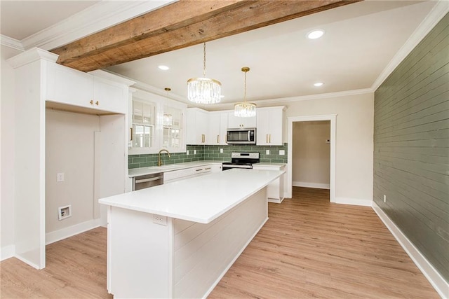 kitchen featuring light hardwood / wood-style floors, beamed ceiling, a center island, white cabinets, and stainless steel appliances