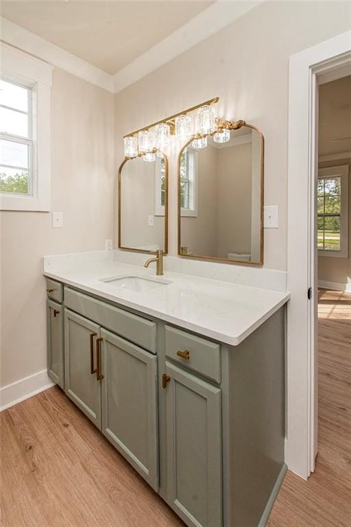 bathroom with hardwood / wood-style floors and vanity