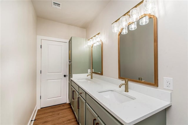 bathroom with wood-type flooring and vanity