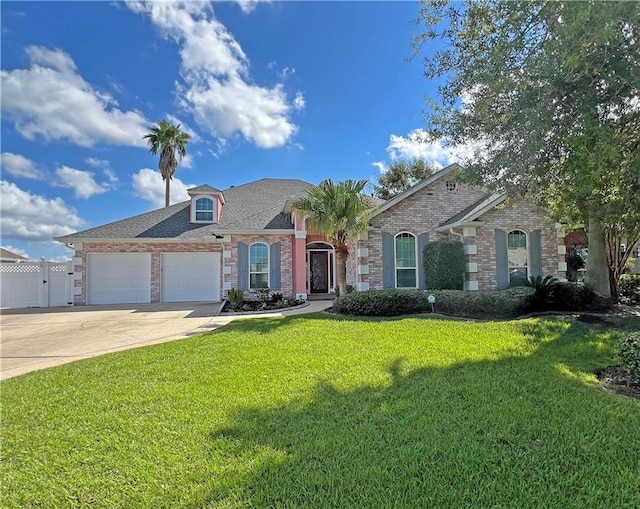 single story home with a front yard and a garage