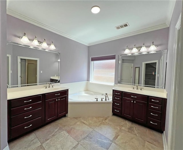 bathroom with vanity, ornamental molding, and shower with separate bathtub