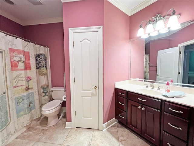 bathroom featuring vanity, ornamental molding, toilet, and tile patterned flooring