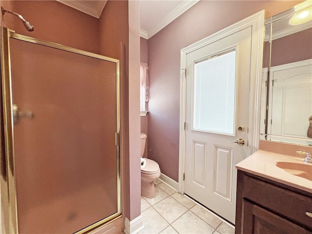 bathroom featuring vanity, toilet, ornamental molding, and an enclosed shower