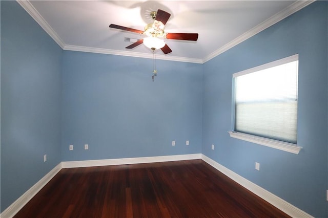 spare room featuring ornamental molding, wood-type flooring, and ceiling fan