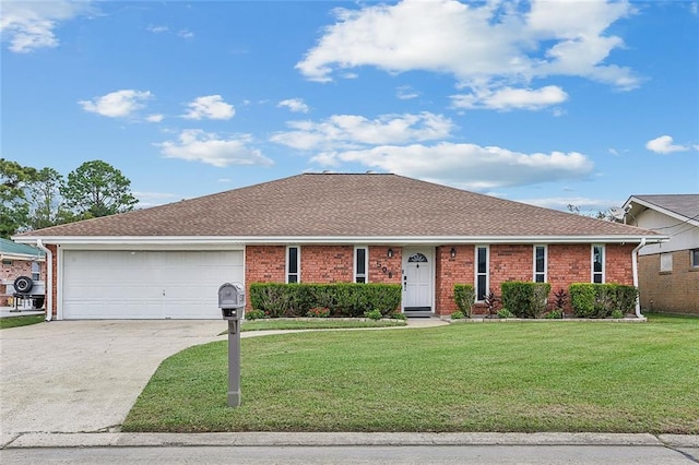 single story home featuring a front lawn and a garage