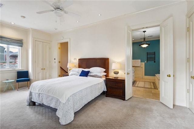 bedroom featuring ornamental molding, ceiling fan, and light carpet