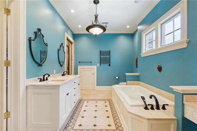 bathroom with a bathtub, crown molding, tile patterned flooring, and vanity