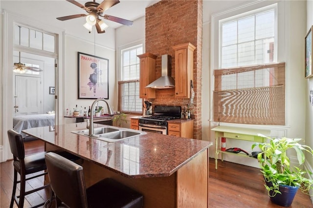 kitchen with ceiling fan, sink, wall chimney exhaust hood, stainless steel gas range oven, and dark hardwood / wood-style flooring