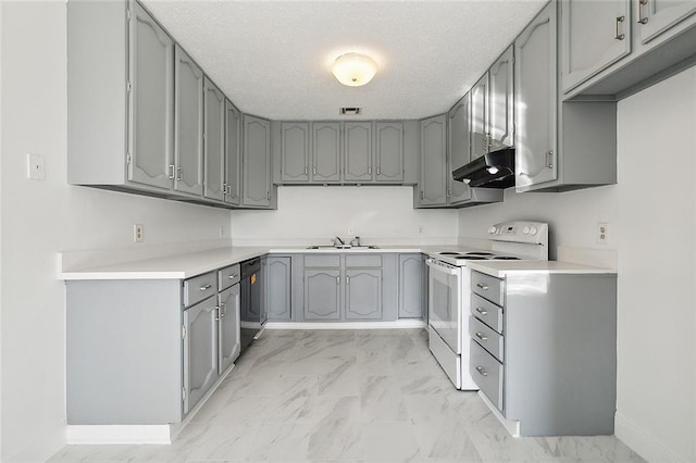 kitchen with gray cabinets, black dishwasher, electric range, and sink