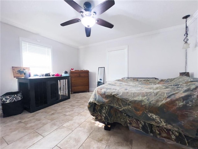 tiled bedroom featuring crown molding and ceiling fan