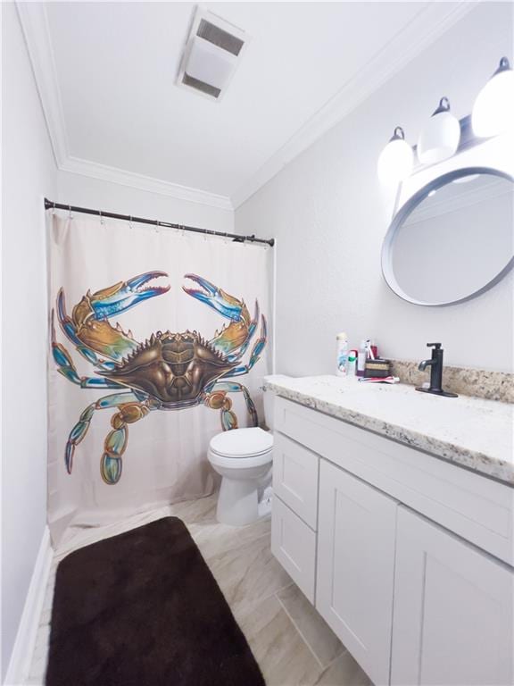 bathroom featuring crown molding, vanity, toilet, and a shower with curtain