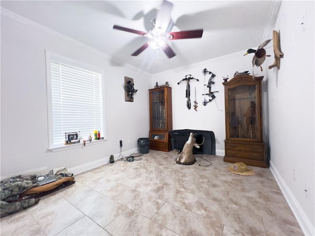 misc room featuring ornamental molding and ceiling fan