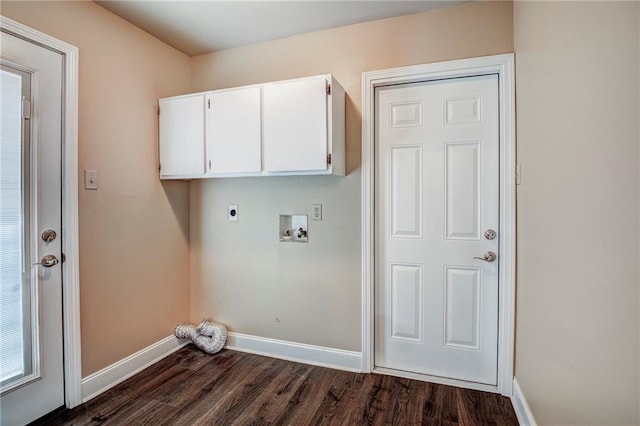 laundry area featuring washer hookup, cabinets, dark wood-type flooring, and electric dryer hookup