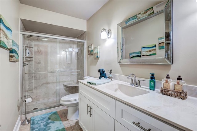 bathroom featuring walk in shower, vanity, toilet, and tile patterned floors