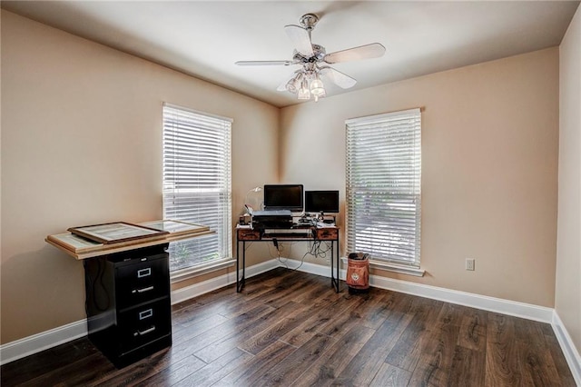 office area featuring ceiling fan and dark wood-type flooring