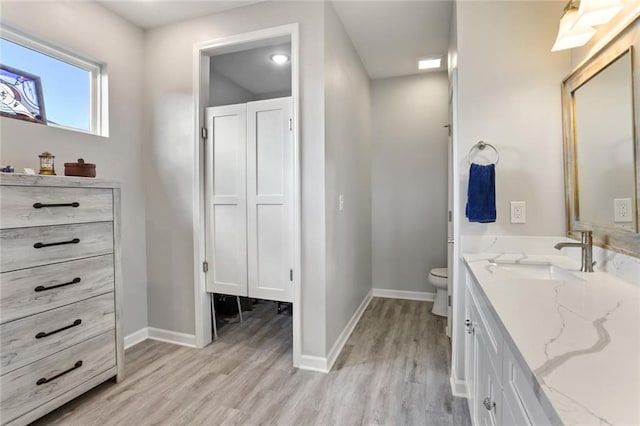 bathroom featuring wood-type flooring, vanity, and toilet