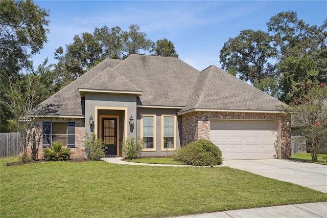 view of front of property with a front yard and a garage