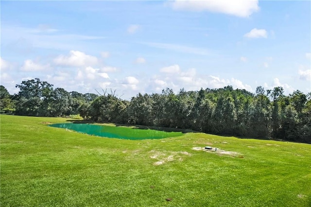 view of property's community with a lawn and a water view