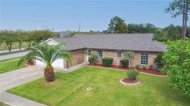 ranch-style home with a front lawn and a garage