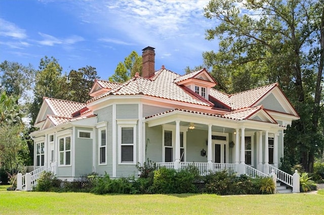 back of house featuring a porch and a yard