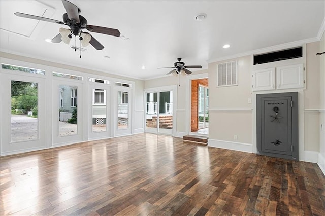 unfurnished living room with ornamental molding, dark hardwood / wood-style flooring, and ceiling fan