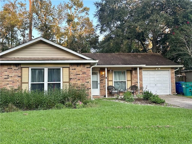 single story home with a garage and a front yard