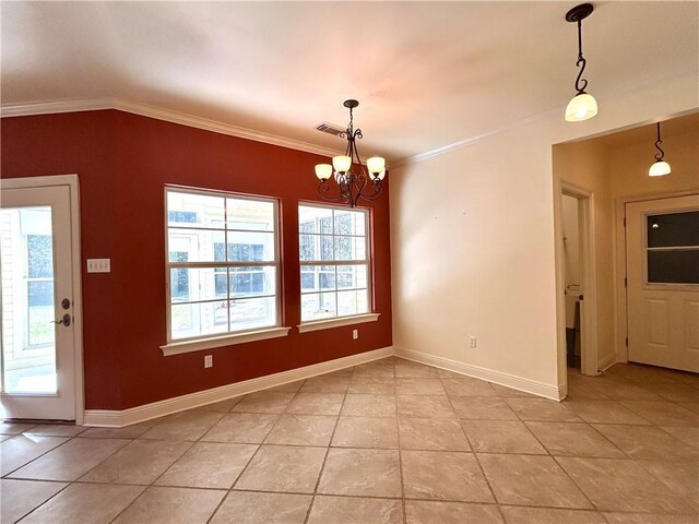 unfurnished dining area featuring light tile patterned flooring, ornamental molding, and a notable chandelier