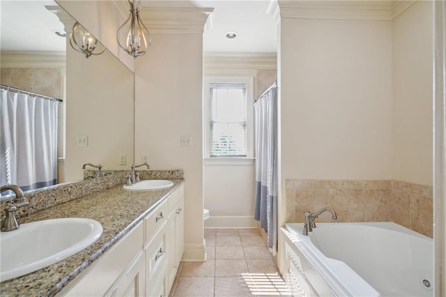 bathroom featuring tile patterned flooring, a bath, ornamental molding, vanity, and toilet