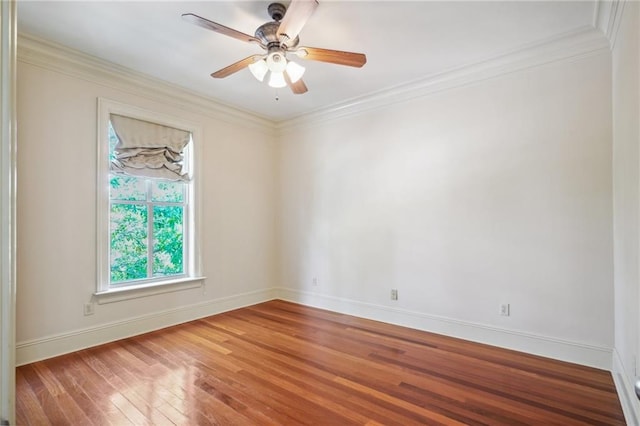 unfurnished room featuring wood-type flooring, crown molding, and ceiling fan