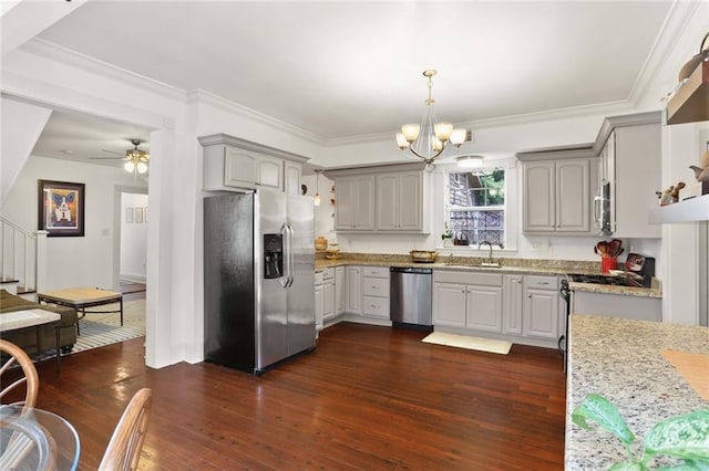 kitchen with gray cabinets, appliances with stainless steel finishes, dark wood-type flooring, and sink