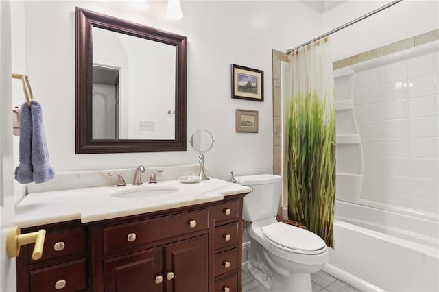 full bathroom with shower / bath combination with curtain, tile patterned flooring, vanity, and toilet