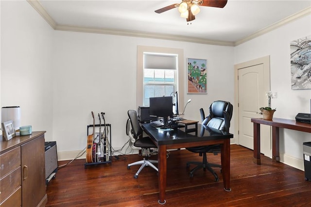 home office featuring crown molding, dark hardwood / wood-style flooring, and ceiling fan