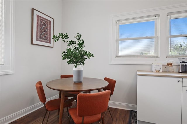 dining space with dark hardwood / wood-style flooring and a healthy amount of sunlight