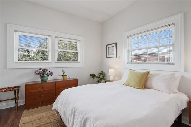 bedroom featuring dark hardwood / wood-style flooring and multiple windows