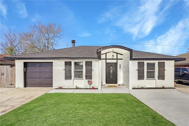 ranch-style home featuring a garage and a front lawn