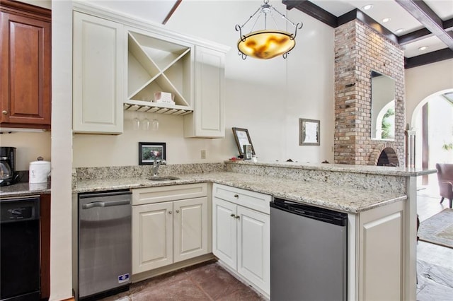 kitchen with white cabinets, beam ceiling, kitchen peninsula, stainless steel dishwasher, and dishwasher