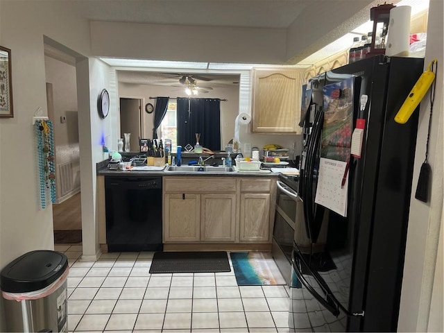 149 Avant Garde Cir Unit 149, Kenner, LA 70065 - kitchen with black appliances, a ceiling fan, light tile patterned floors, light brown cabinetry, and dark countertops
