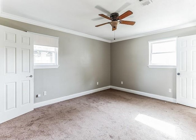 spare room with carpet floors, crown molding, ceiling fan, and a wealth of natural light