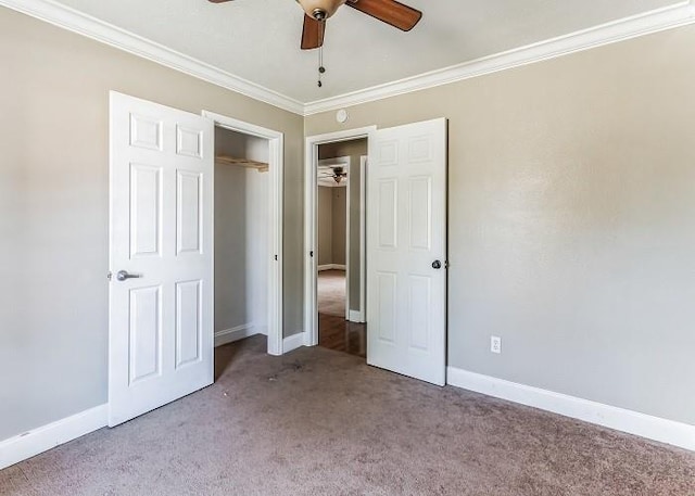 unfurnished bedroom with ceiling fan, a closet, light carpet, and ornamental molding