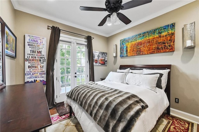 bedroom featuring ceiling fan, french doors, ornamental molding, and access to outside