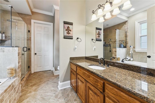 bathroom with independent shower and bath and tile patterned floors