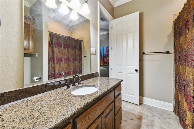 bathroom with crown molding, tile patterned flooring, vanity, and a shower with curtain