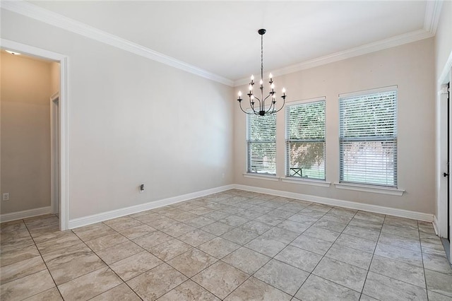 tiled empty room featuring crown molding, a wealth of natural light, and an inviting chandelier