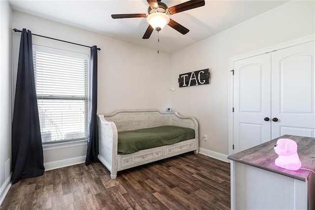 bedroom with ceiling fan, a closet, dark wood-type flooring, and multiple windows