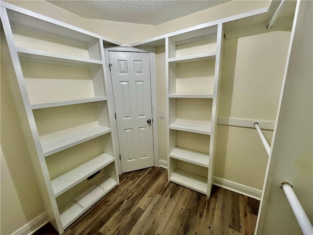 walk in closet with dark hardwood / wood-style floors